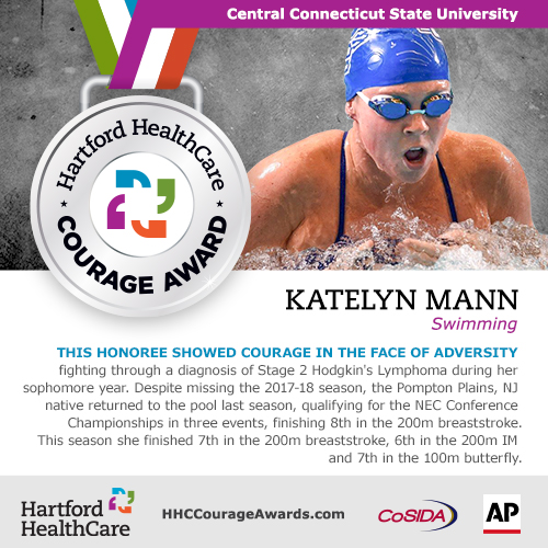 HHCCourageAward's tweet photo. We are proud to honor Katelyn Mann of @CCSUswimanddive as a #HHCCourageAward honoree for March. Katelyn returned to the pool following treatment for Stage 2 Hodgkins Lymphoma in 2017-18.  Learn more about her remarkable story at https://t.co/nCZLRxoXiK https://t.co/YgKdx2rCXt