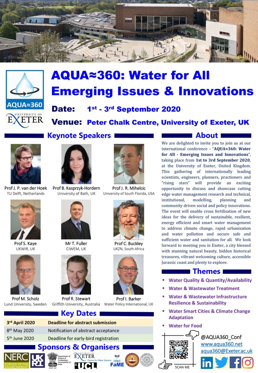 Check out our keynote speakers coming from the UK, Netherlands, USA, South Africa, Sweden and Australia for our international conference focusing on 'Water for All: Emerging Issues and Innovations' #internationalconference #waterengineering #aqua360conference #universityofexeter
