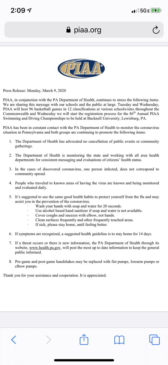 For anyone wondering, <a href="/PIAASports/">PIAA</a> put out a release today concerning any changes to events due to concerns over coronavirus. The main takeaway — the PIAA is monitoring the situation and so far the Department of Health has not advocated for cancelling any events.