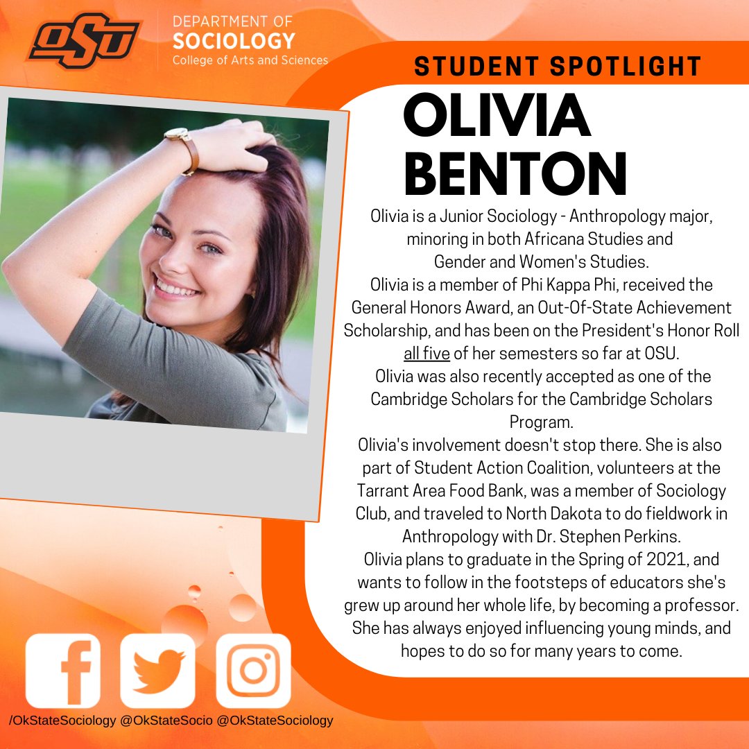 Next week is spring break already?!? Wow! 🤠

This week our Student Spotlight features Olivia Benton! Olivia is a junior Sociology - Anthropology major with plans to someday teach in high education!
You can read all about Olivia and her achievements below! 👇

#CASCowboys 🍊