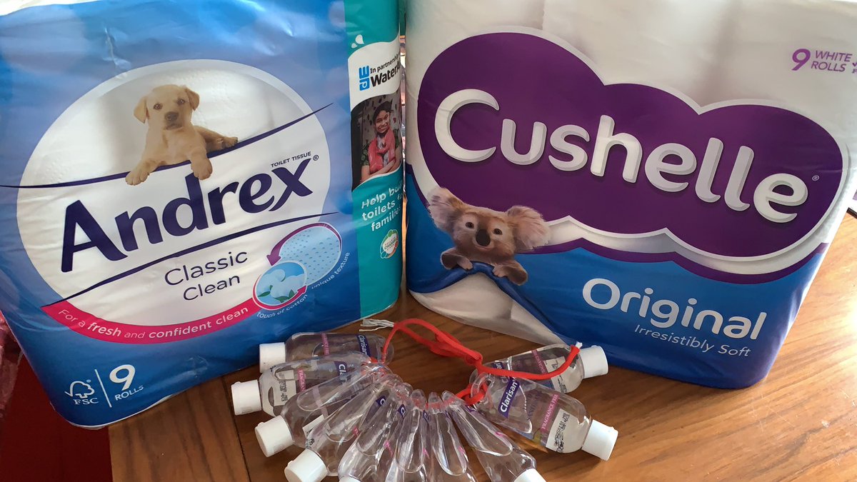 CharlieSimeon's tweet photo. I have 18 Rolls of luxury loo paper and 10 bottles of Clarisen hand sanitizer - looking to swap for a 3 bed house in Chelsea! #coronavirus #panicbuyinguk https://t.co/LXZ54tjOsP
