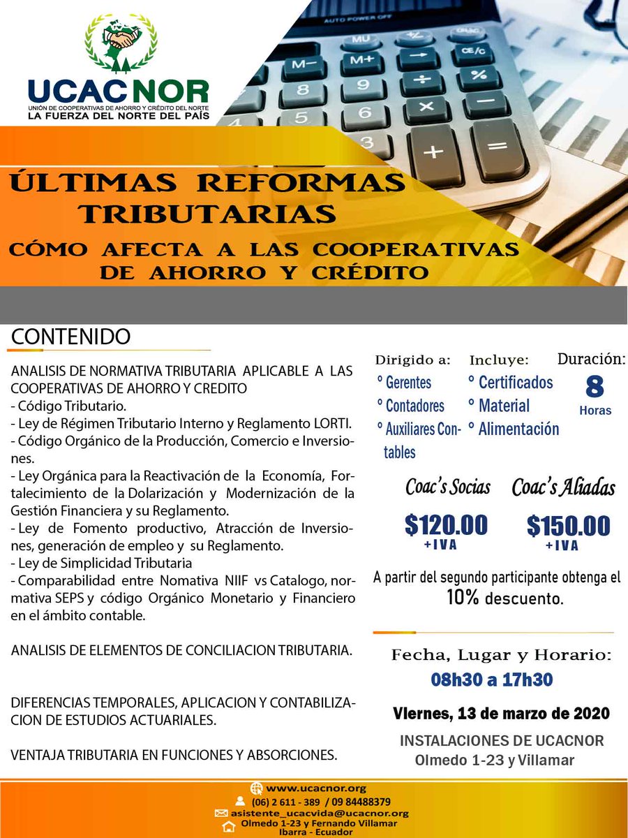 ucacnor's tweet photo. 📌👩‍🏫😊#Capacitación con el tema LEGISLACIÓN LABORAL - 2020 que se realizará el Lunes 23 de Marzo del 2020 en las instalaciones de la UCACNOR.😉

Mayor información:
Ing. Paulina Benavides - 06 2611 809 - Ext. 103 Móvil: 0984488379

https://t.co/Z82oZJGi1B https://t.co/pw3lrYM15i