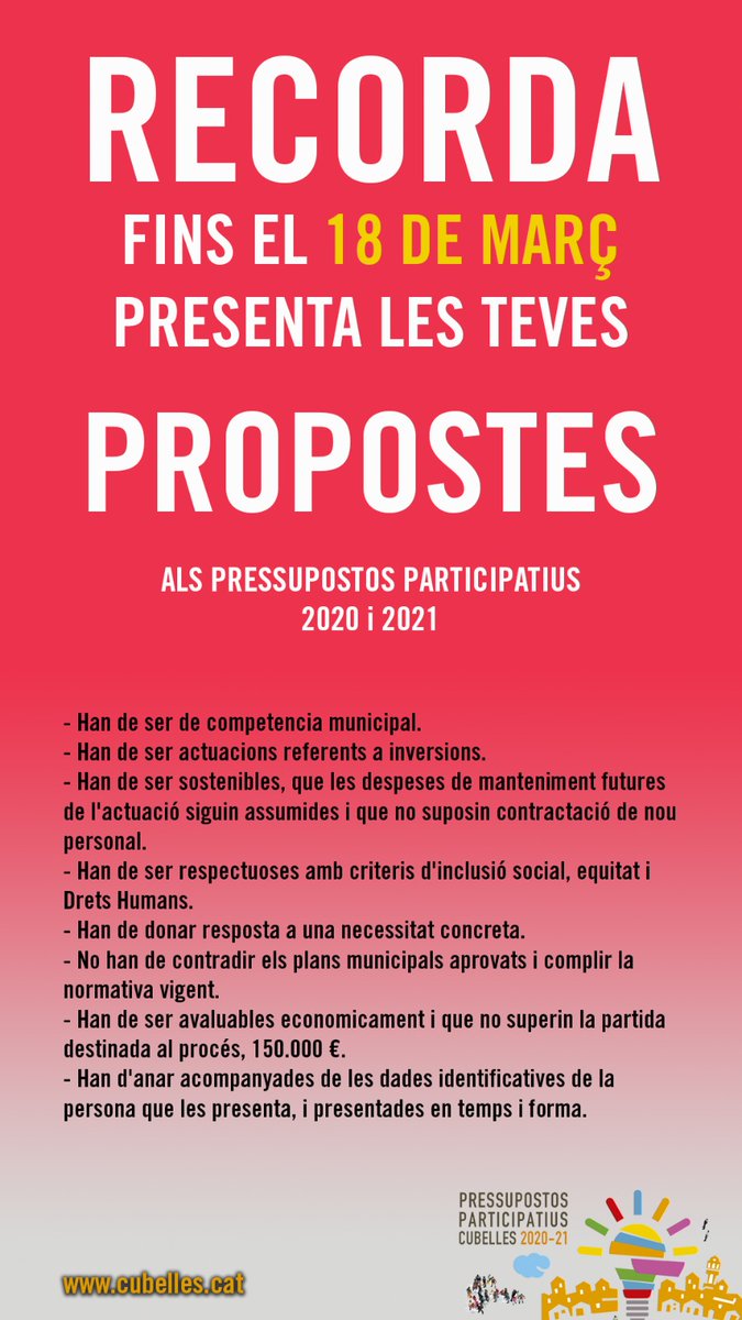 OPIC_Cubelles's tweet photo. 🙋‍♂🙋‍♀ 2a setmana dels #pressupostosparticipatiusCubelles
2️⃣0️⃣Propostes rebudes en la primera setmana.
👉Consulta quines condicions han de tenir les propostes.
🖇Fes la teva proposta a https://t.co/acJG90N1l6 https://t.co/JjSPpkqEhZ
