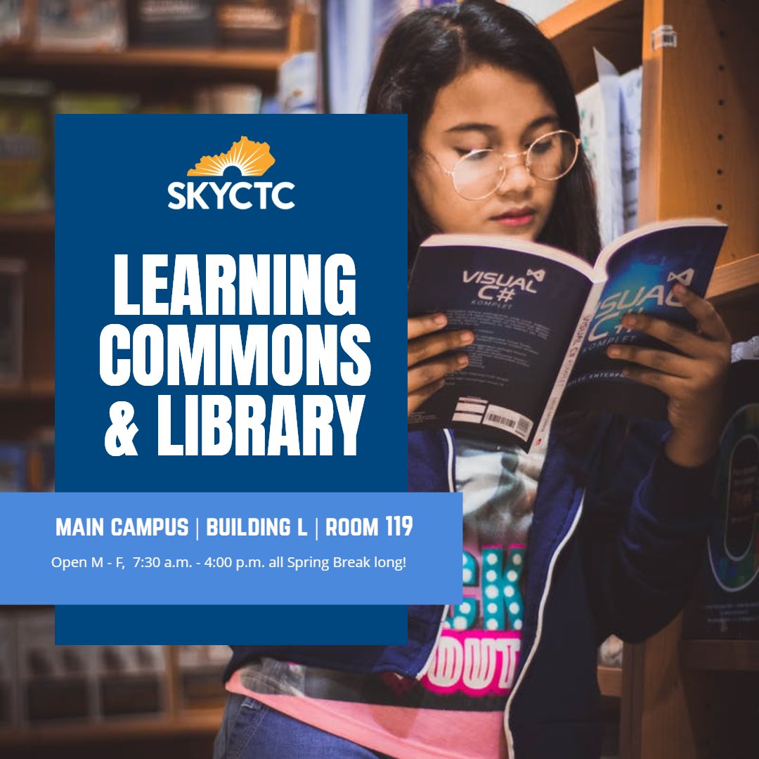 SKY_NewsEvents's tweet photo. The Learning Commons &amp; Library will be open Monday through Friday 7:30 a.m. to 4:00  p.m. during Spring Break.  Need to catch up on some assignments or want to work ahead? Stop by and see us on Main Campus in L-119 or give us a call at 270-901-1171. #GetYourStudyOn https://t.co/nNvPaWNaaE
