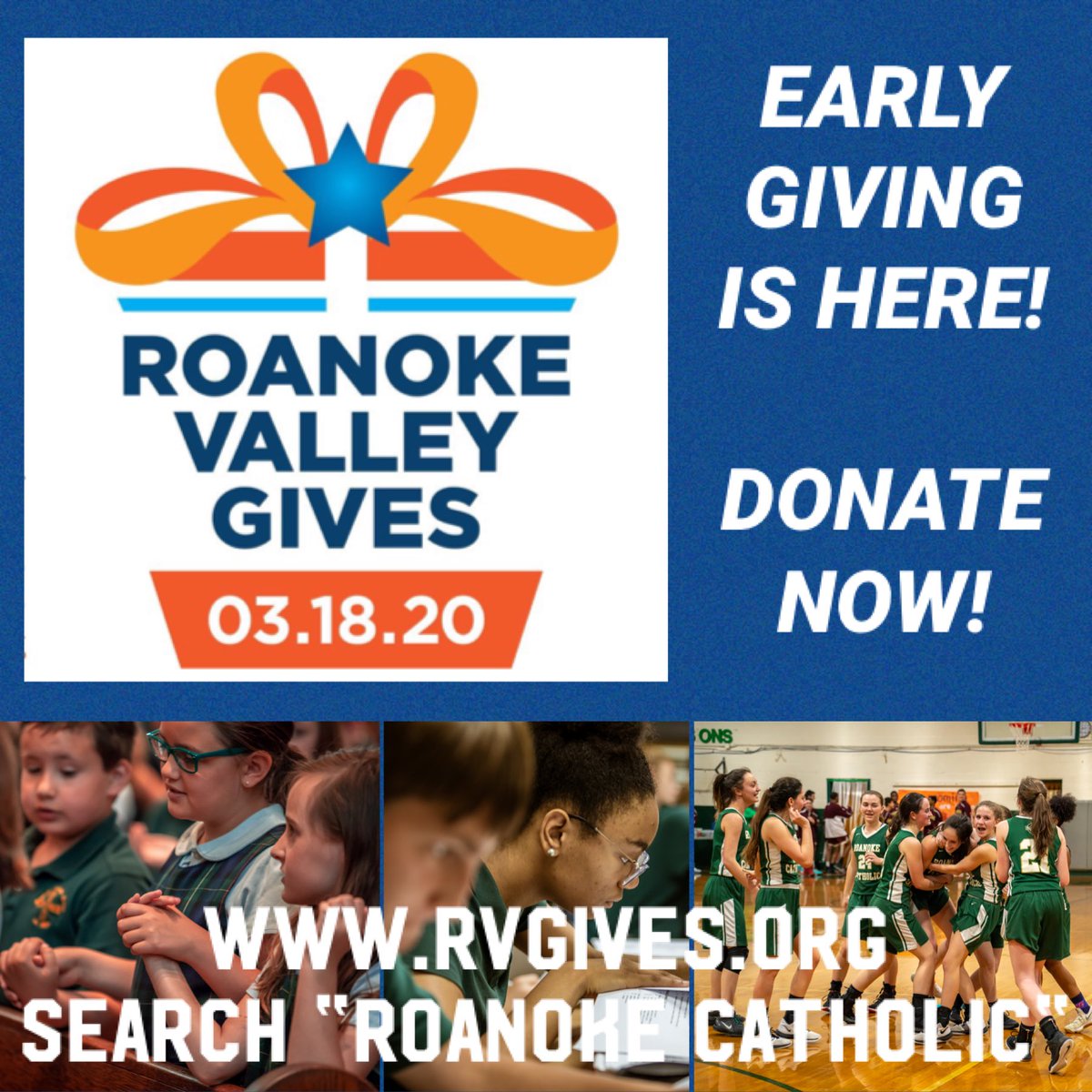 Early Giving is now open for #RVGives2020! You don’t have to wait til March 18 to support Roanoke Catholic. Donate now at RVGives.org/organizations/…. We strive to raise $100,000 so that all who desire our faith-based Catholic educational environment may afford it. #rvgives