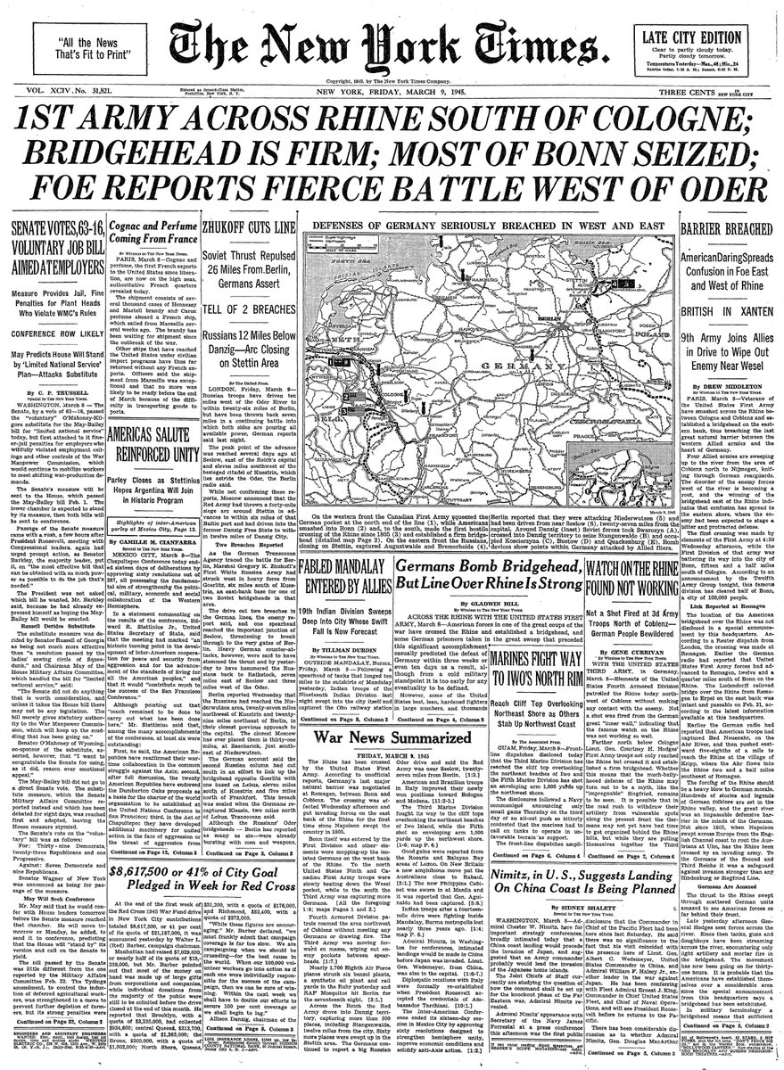 Mar. 9, 1945: 1st Army Across Rhine South Of Cologne; Bridgehead Is Firm; Most Of Bonn Seized; Foe Reports Fierce Battle West Of Oder  https://nyti.ms/2IxGg3r 