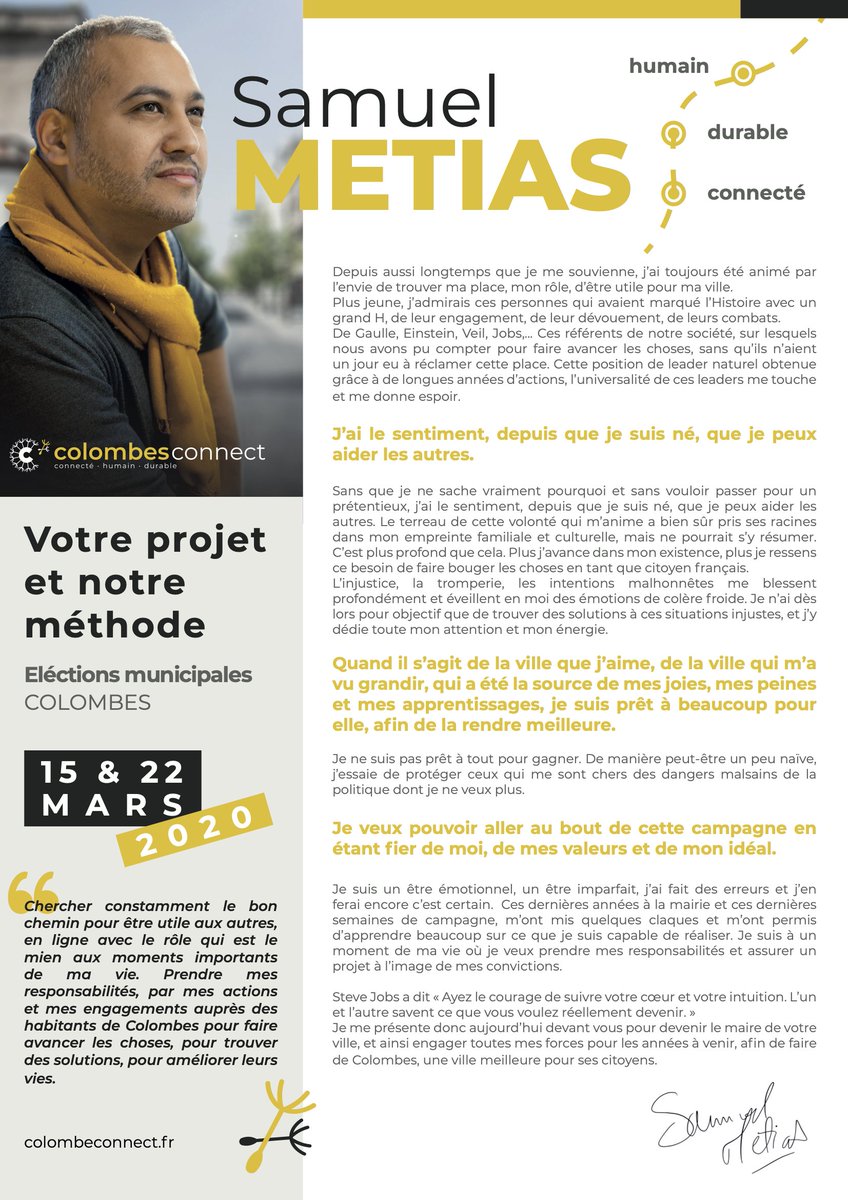 smetias's tweet photo. " Quand il s’agit de la ville que j’aime, de la ville qui m’a vu grandir, qui a été la source de mes joies, mes peines et mes apprentissages, je suis prêt à beaucoup pour elle, afin de la rendre meilleure."
Découvrez ma profession de foi pour #Colombes #Municipales2020 https://t.co/R4eYFg3IsO