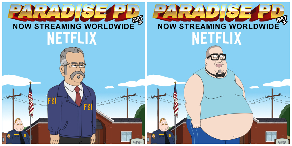 Hey now! Here are the animated versions of <a href="/rmlimodriver69/">ronnie mund</a> and #HighPitchErik seen on the second season of @ParadisePD, now on @Netflix.