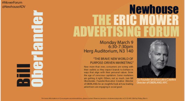 Join us tonight for #mowerforum speaker, Bill Oberlander, as he discusses #purposedriven marketing in the Herg Auditorium at 6:30pm! #oberland #socialgood