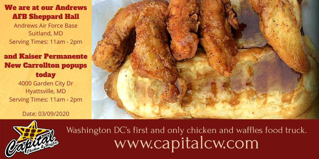 We are at our Andrews AFB Sheppard Hall and Kaiser Permanente New Carrollton popups today.
capitalcw.com
<a href="/Andrews_JBA/">Joint Base Andrews</a> <a href="/USAFRecruiting/">Air Force Recruiting</a> @libertyparkandrews <a href="/MDSP/">MD State Police</a> <a href="/MelwoodHTC/">Melwood</a> <a href="/kpvivabien/">Viva Bien con KP</a> <a href="/BHParenting/">Bright Horizons</a> <a href="/FortisCollege/">FORTIS</a> <a href="/PGCARYPN/">PGCAR - YPN</a>
#dcfood #dclunch #dcfoodtruck #WashingtonDC