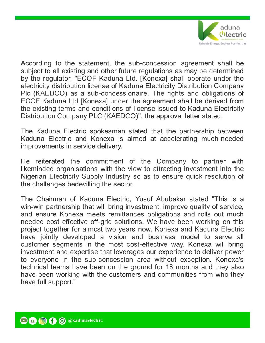 NERC Approves Kaduna Electric Partnership with Konexa 
<a href="/Kadunaelectric/">Kaduna Electric</a> + <a href="/KonexaEnergy/">Konexa</a> = More Electricity for Kaduna
Kaduna Electric and integrated utility company Konexa obtain green light to make investments in Kaduna that will enable 24/7 power for all
facebook.com/74476603905874…