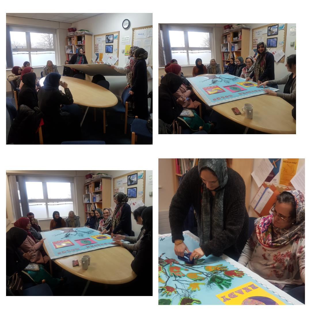 CHAI_Project's tweet photo. The Talented @RoundthornCP chai ladies have completed their art project on Roundthorn Rules -Ready, Respectful, Safe. Will post full picture once the display is up. #mumsMakingAdifference #ArtTherapy #ParentalEngagement #Reducingisolation #ConfidenceBuilding #DevelopingWomen https://t.co/6mWPBvjUwL