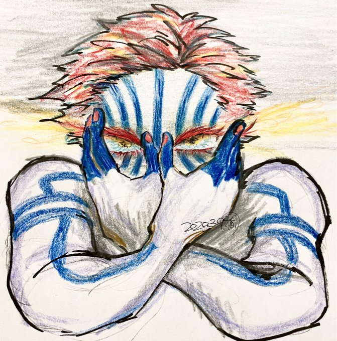 木同莉生🍥🎈アンソロ【6日】東２ち32abさんがTwitterに投稿した猗窩座(鬼滅の刃)のイラスト。