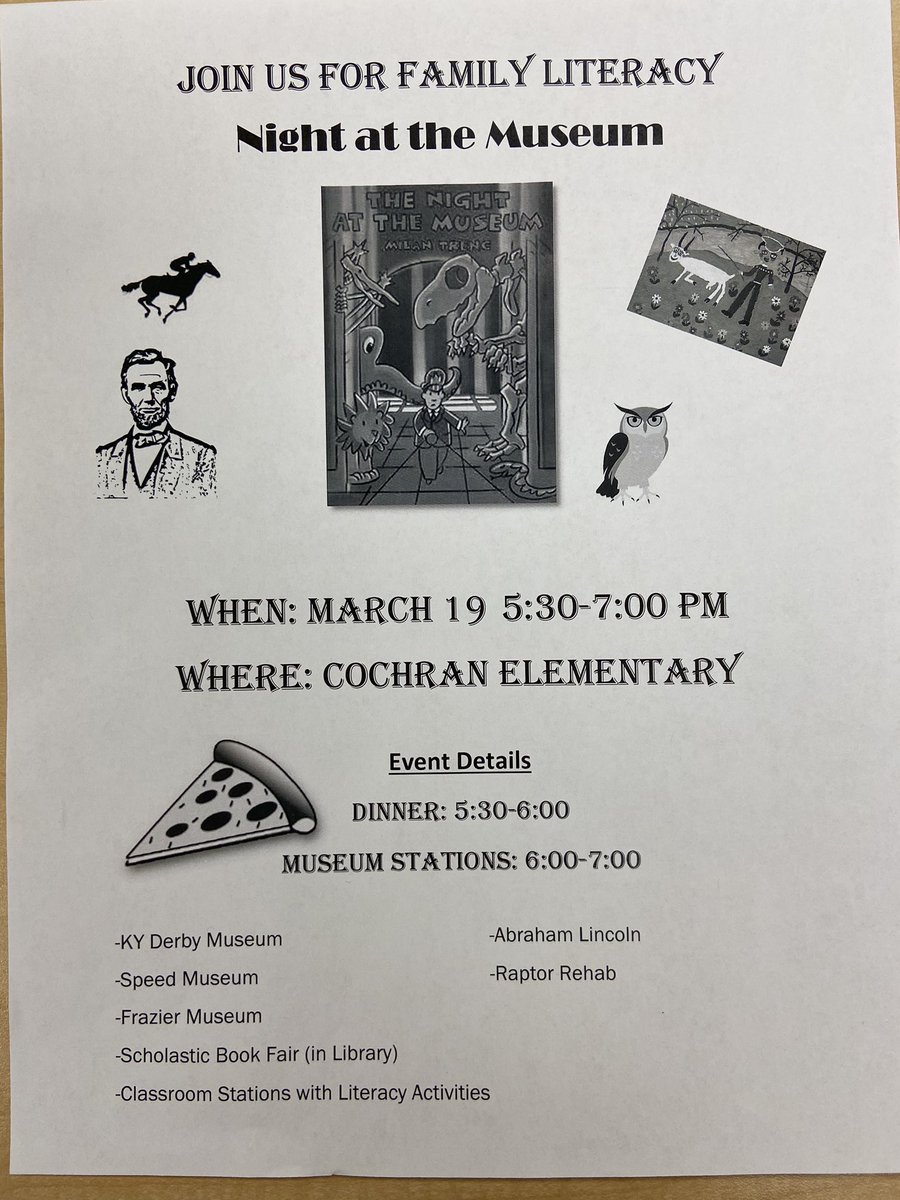 Hope to see you there <a href="/CochranElem/">Cochran</a> <a href="/PtaCochran/">CochranPTA</a> <a href="/derbymuseum/">Kentucky Derby Museum</a> <a href="/FrazierMuseum/">FrazierMuseum</a> <a href="/SpeedArtMuseum/">Speed Art Museum</a> <a href="/RaptorRehab/">Ken Lockwood</a>  #CTheSuccess #FamilyEngagement