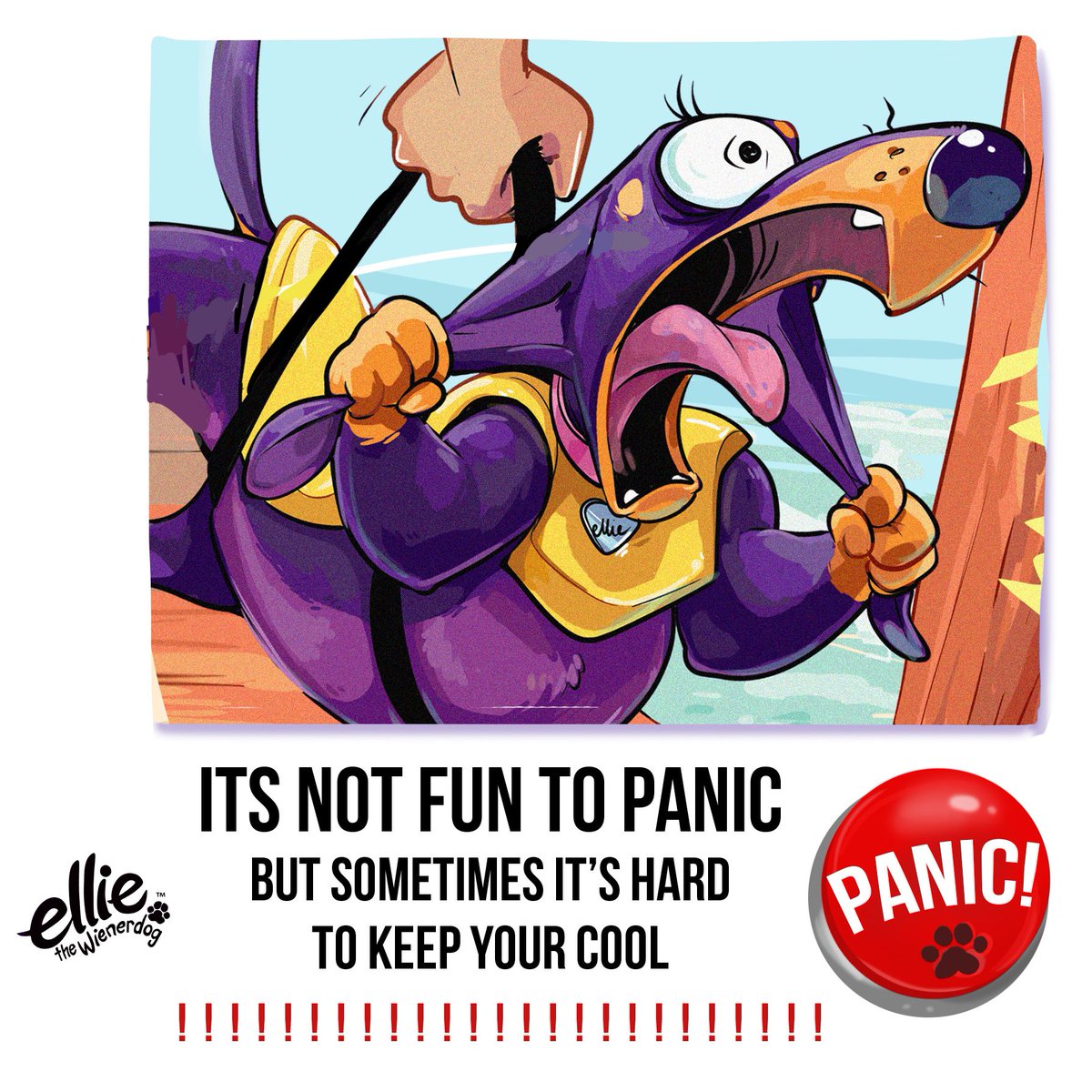 EllieWienerdog's tweet photo. Ever feel like you are about to be dropped into a bottomless pit filled with monsters never to return? Check out my hilarious book #ItsHardToSwim and see how I overcome my panic attack.  Link here:  https://t.co/Sb9deLxYXA 
#panicday #dontpanic #elliethewienerdog #purplewienerdog https://t.co/cQ3Tt5Qpka