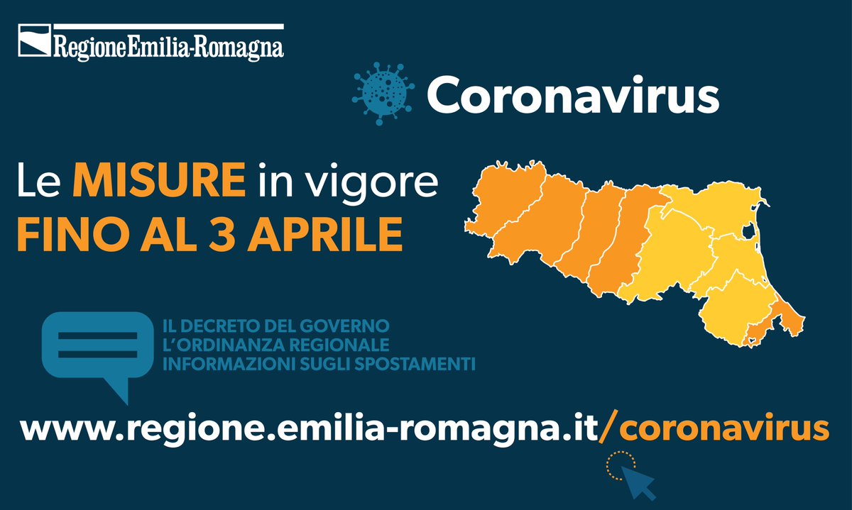 RegioneER's tweet photo. Online sul sito https://t.co/5jbdYu7Dro tutte le misure in vigore in Emilia-Romagna fino al 3 aprile.
Il decreto del Governo. L'ordinanza regionale.
#coronavirus #COVID2019 #COVID2019italia #Covid_19 https://t.co/lzV8rskwyA