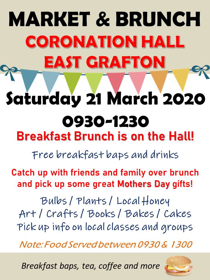 GraftonParish's tweet photo. It's not long until the next Market &amp; Brunch at Coronation Hall, Saturday 21 March is a Mother's Day special, so pick up some great gifts and goodies as well as catch up with friends and family over a free brunch.  For more details  email Natalie at Hall@graftonparish.com https://t.co/0VAzIDXYqw