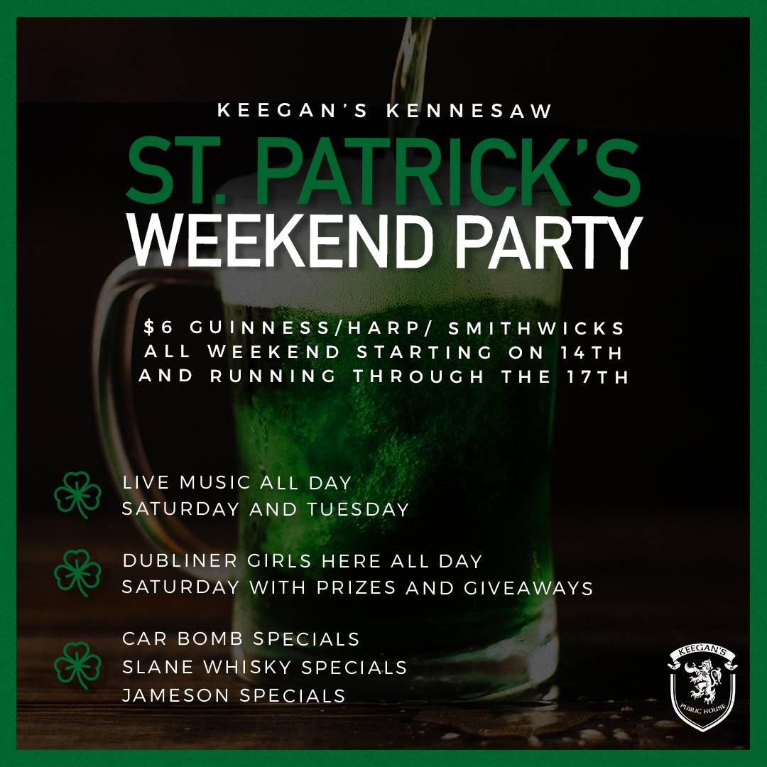 KennesawKeegans's tweet photo. Best St. Patrick's Party in Kennesaw. St. Paddy's Weekend Fri-Tues Keegan's Public House #stpats2020 #kennesaw #stpatskennesaw https://t.co/4J3tu1ntsD