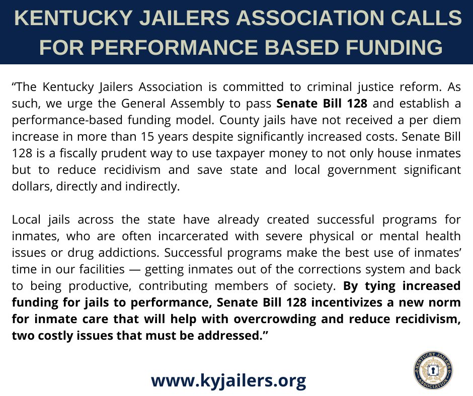 KYJailers's tweet photo. Reminder, @kyjailers supports Performance-Based Funding. Retweet to tell your #kyga20 legislator that criminal justice reform is important and performance-based funding is a great example of reforms that can be made THIS year! #SB128 https://t.co/65GmUesnWX