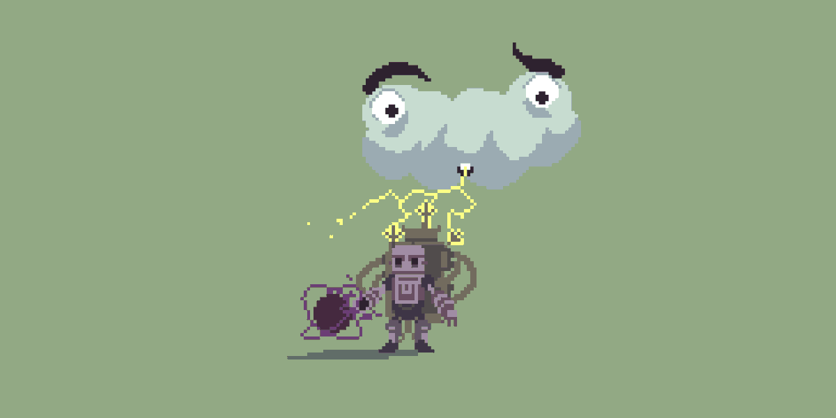 Thoof4's tweet image. A robot that gets charged up by its #StormCloud buddy spitting out lightning for #pixel_dailies @Pixel_Dailies #pixelart