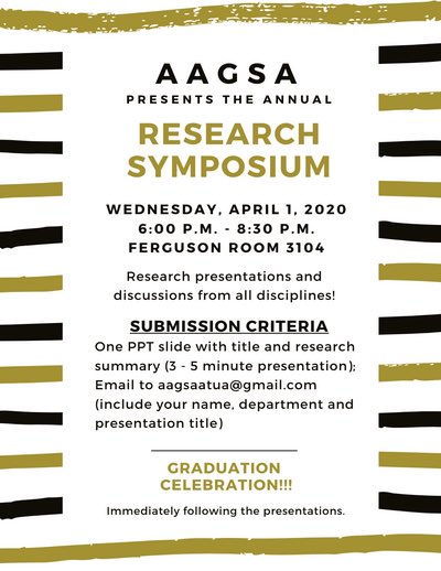 Join us this Thursday for our general body meeting. Come hear about the events we have planned for the rest of the semester, especially our research symposium and upcoming officer elections! See you in Lloyd Hall 119 at 5pm #aagsaua #blackgrads