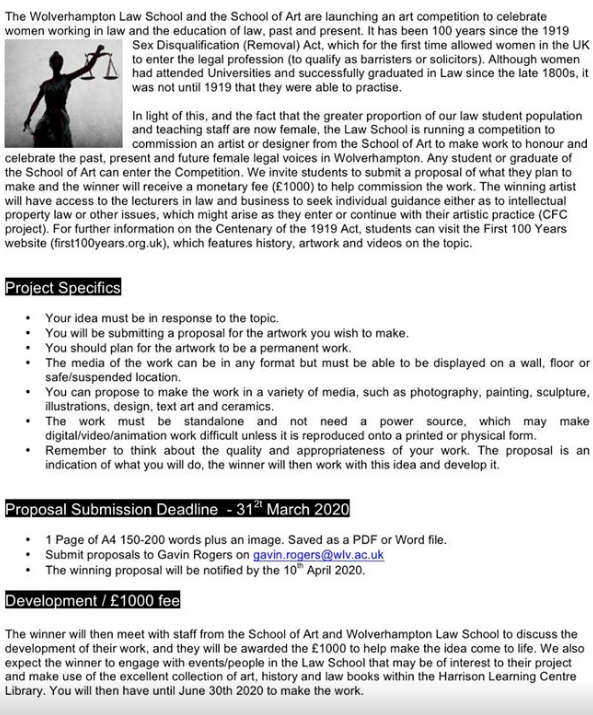 gavin_j_rogers's tweet photo. The Wolverhampton Law School and the Wolverhampton School of Art are launching an art competition to celebrate women working in law and the education of law, past and present. ****International Women's Day**** Commission 
**£1000** @WLV_Arts @FineArtWSA @wlv_uni @WlvLawSchool https://t.co/3wBH1QwOxn