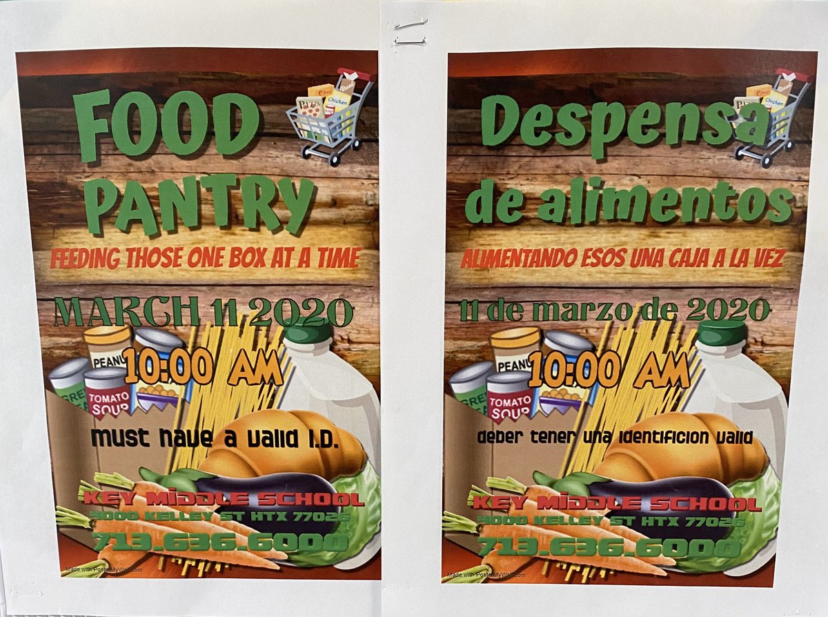 HangingwAlecia's tweet photo. @KeyMS_Cougars will host the Houston Food Bank on March 11, 2020 @10 AM! We are making sure that our families and community have the food that they will need prior to Spring Break! Come one come all! @HISD_Wraparound @HISDFACE @cishouston @petecarter3 @KashGlam #nochildlefthungry https://t.co/580uWyCAXE