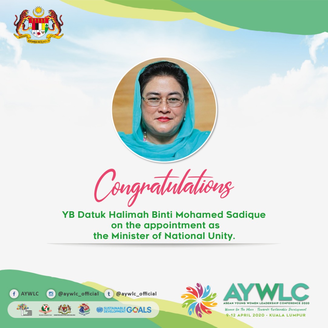 AYWLC_Official's tweet photo. Congratulations to YB Datuk Halimah Binti Mohamed Sadique on the appointment as the Minister of National Unity.
#AYWLC2020 #ASEAN #MYFaR #GPMSWP #WomenOnTheMove #SDG2030 https://t.co/5rsENaYWuc