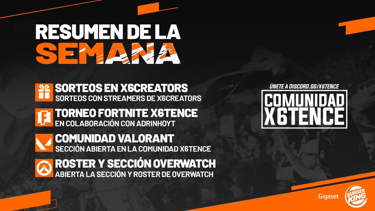 👽 RESUMEN DE LA SEMANA EN LA COMUNIDAD X6TENCE 👽
 
🔸 Sorteos miembros de #x6Creators 🎁
🔸 Torneo de #Fortnite junto a <a href="/AdrinhoYT/">Adrinho👓</a> 🎮
🔸 Sección de #Valorant en la Comunidad <a href="/x6tence/">x6tence</a> 🔫
🔸 Roster y Sección de #Overwatch 🔫

🍔 @BurgerKingGames
📱 #Gigaset
👽 <a href="/x6tence/">x6tence</a>