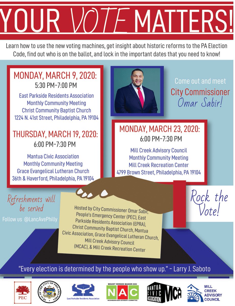 Your Vote Matters! (March 9, 19, 23) Join PEC and other West Philadelphia groups to learn how to use the new voting machines and other information when it comes to voting in the city! You can also meet City Commissioner Omar Sabir! #westphilly #voting