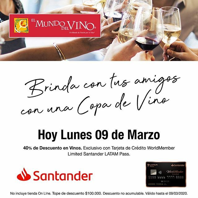 Aprovecha nuestro descuento de hoy 9 de marzo de 40%, por pagar con tu tarjeta de crédito WorldMember Limited Santander LATAM Pass.
.

Sólo por hoy, lunes 9 de marzo:
📍Isidora Goyenechea 3000, Las Condes;
📍Boulevard Parque Arauco, local 379, Las Cond… ift.tt/39EkSp9