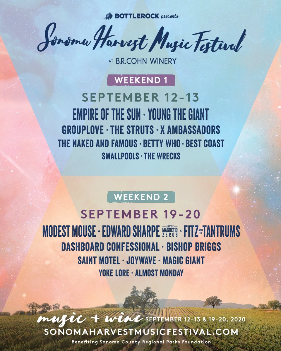 BottleRockNapa's tweet photo. Hungry for more music + wine + food? Same! 🌮 🥂 🎵 

We JUST DROPPED the lineup for our @Sonoma__Harvest + tix go on sale tomorrow at 10:00 AM 🎉

RT to enter to win 2 3-day GA tickets to BottleRock + 2 2-day GA tix to Sonoma Harvest 🤯, winner selected 3/20. https://t.co/rolpuwwFMo