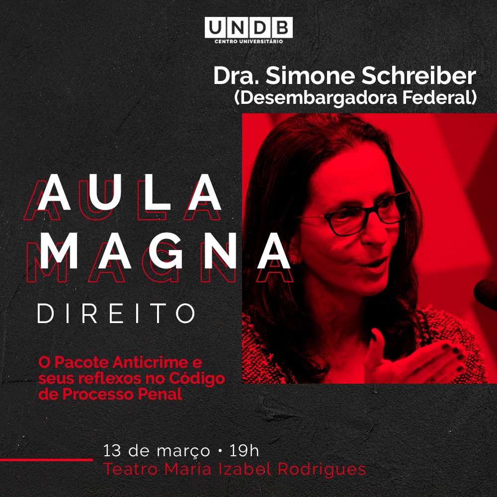 undboficial's tweet photo. Atenção calouros e veteranos de Direito, nessa sexta feira teremos a nossa Aula Magna do curso com a Desembargadora Federal, Simone Schreiber, todos estão convidados! #TeamDireito #TeamUNDB #DireitoUNDB https://t.co/obQ9MooUsH