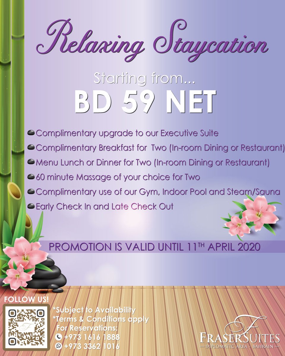 FSDA_Bahrain's tweet photo. Staycation OFFER! 💞 Enjoy amazing benefits when you book your suite stay now. To book, call +973 1616 1888 or WhatsApp +973 3362 1016 to book. #Bahrain https://t.co/F2DlQg4wXZ