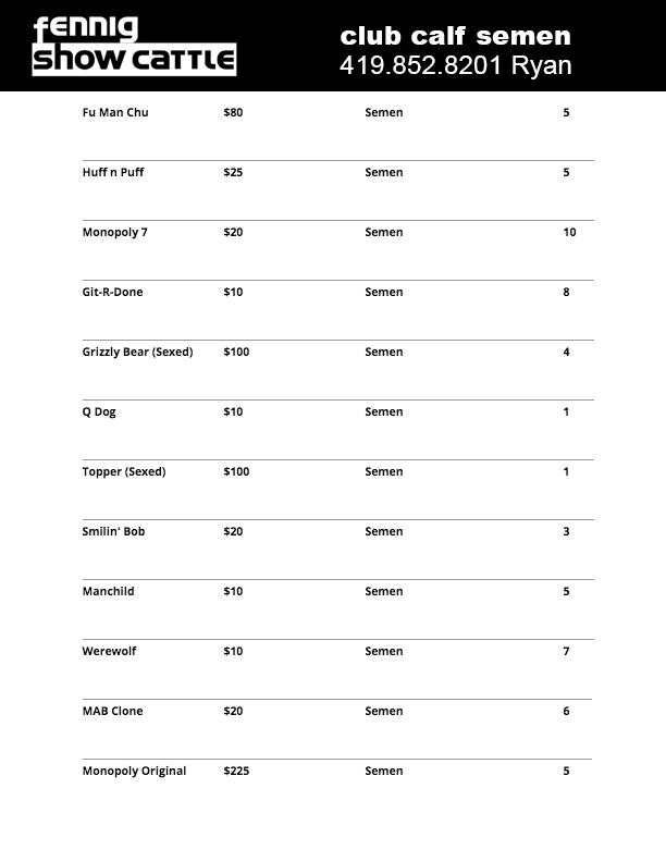 FennigCattle's tweet photo. CLUB CALF SEMEN FOR SALE - Please contact Ryan Fennig at 419.852.8201 for purchase. We will also be at the Ohio Beef Expo March 20-22, if you would like to pickup your purchase. Please see attached files for quantities and prices. https://t.co/ajinhNemJ9
