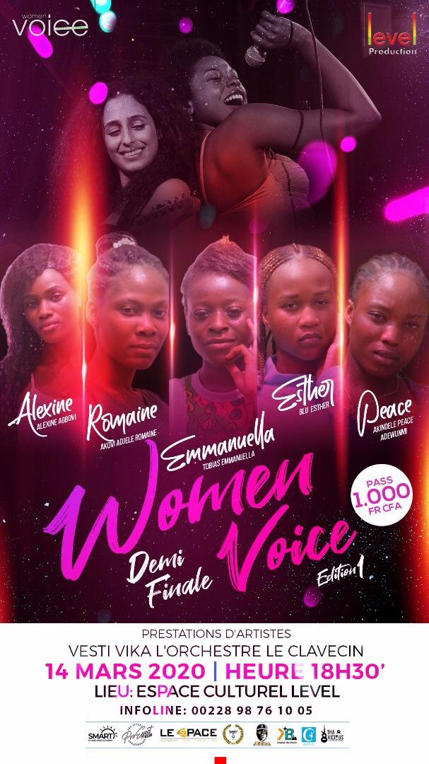 L'espace culturel LEVEL accueille l'événement WOMEN VOICE. 
Qui de ces 5 candidates remportera la victoire? 
Rendez vous ce 14 Mars à 18h30 à l'espace LEVEL Adinomoto en face de la station d'essence T Oil. 
Pass: 1000 FCFA.
#TeamGnonouwo#level228 #WomenVoice#WomanVoice2020