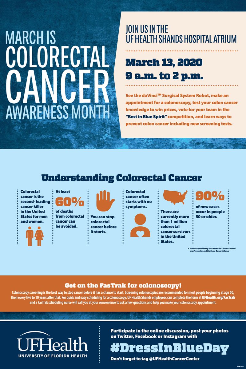 In honor of #ColorectalAwarenessMonth, join UF Health on March 13 to see the daVinci TM Surgical System Robot, make an appointment for a colonoscopy, test your colon cancer knowledge to win prizes and learn ways to prevent colon cancer including new screening kits.