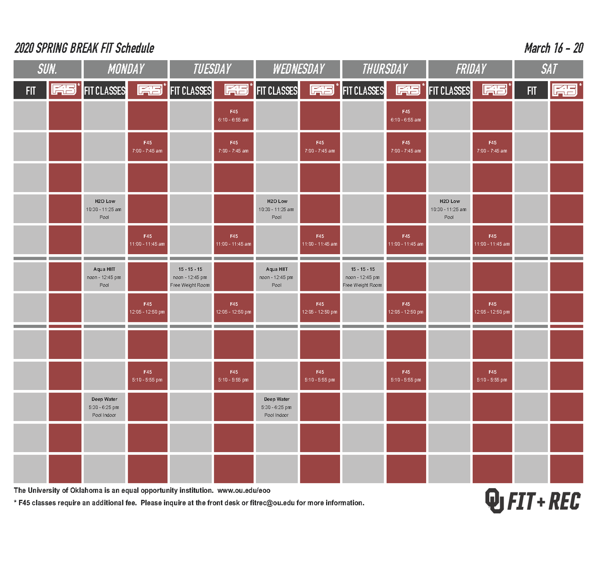OUFitandRec's tweet photo. 🚨🚨🚨The Spring Break FIT schedule is here! 💪 You can find detailed descriptions for all our classes on our fitness portion of our website. 👀 See you there!! #ActiveOU #GoFAR #Fitness https://t.co/02FQrxUjSn