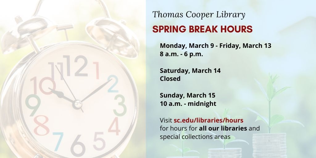 UofSClibraries's tweet image. Heads up: #SpringBreak2020☀️ hours at #UofSC #TCoop are modified this week and ⭐️Starbucks is closed Monday-Saturday ☕️😭.