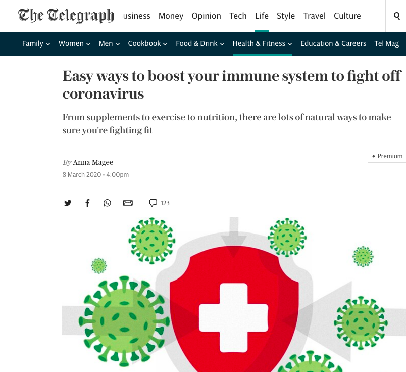 FourLeafLondon's tweet photo. Full page in today’s Telegraph! Dr Jenna Macciochi gives tips on ‘how to give your body a boost and keep Coronavirus at bay” featuring Tonic Health @DrJMacc  @Telegraph https://t.co/oKxrvlE3Wi