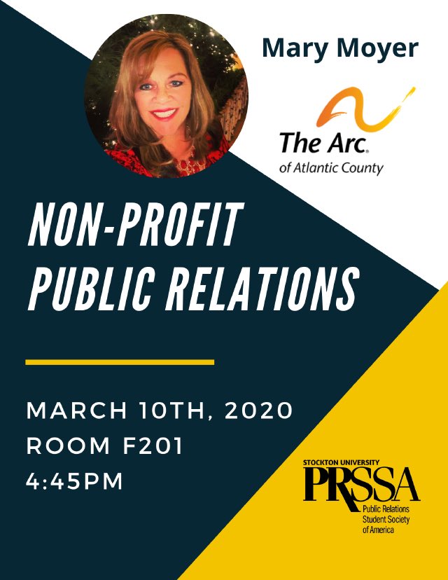 StocktonPRSSA's tweet photo. Attend our meeting tomorrow - March 10th @ 4:45 about non-profit public relations with our guest speaker Mary Moyer! https://t.co/0iLBz1ZdKA