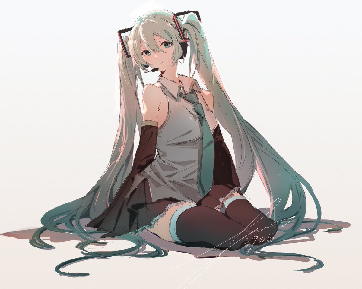 hatsune miku 1girl solo long hair twintails necktie detached sleeves thighhighs  illustration images