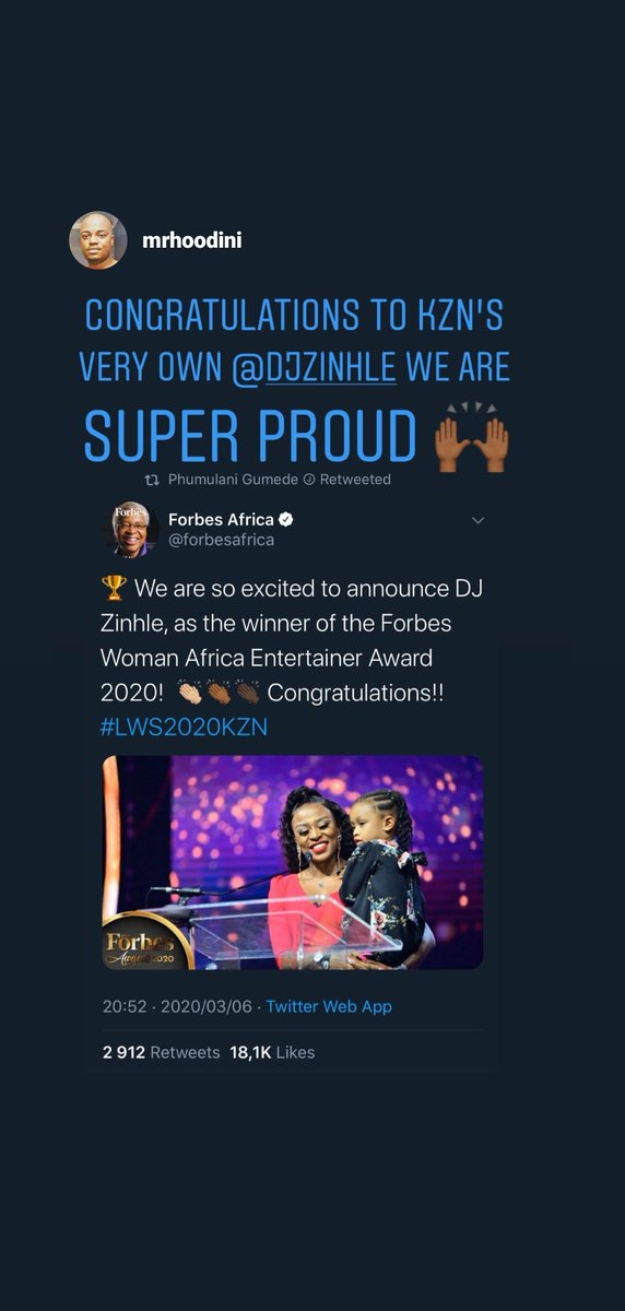 I just wanna thank you for all your kind words 🙏🏾. Friday was a special day for me &amp; I'm happy I got to share it with my baby😍. Wining the Forbes Africa Entertainer Award was a huge moment for me &amp; I am grateful. 🙏🏾