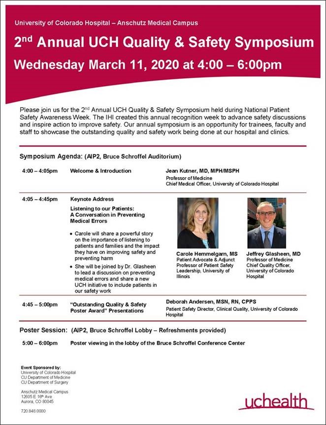 CUDeptMedicine's tweet photo. We're kicking off #PatientSafetyWeek with @uchealth - Join us for our 2nd annual Quality and Safety Symposium on Wed March 11! https://t.co/DmtFmbmjws