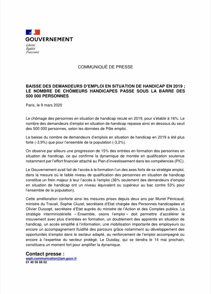 s_cluzel's tweet image. Retrouvez le communiqué de presse sur la baisse des demandeurs d’emploi en situation de handicap. @murielpenicaud
