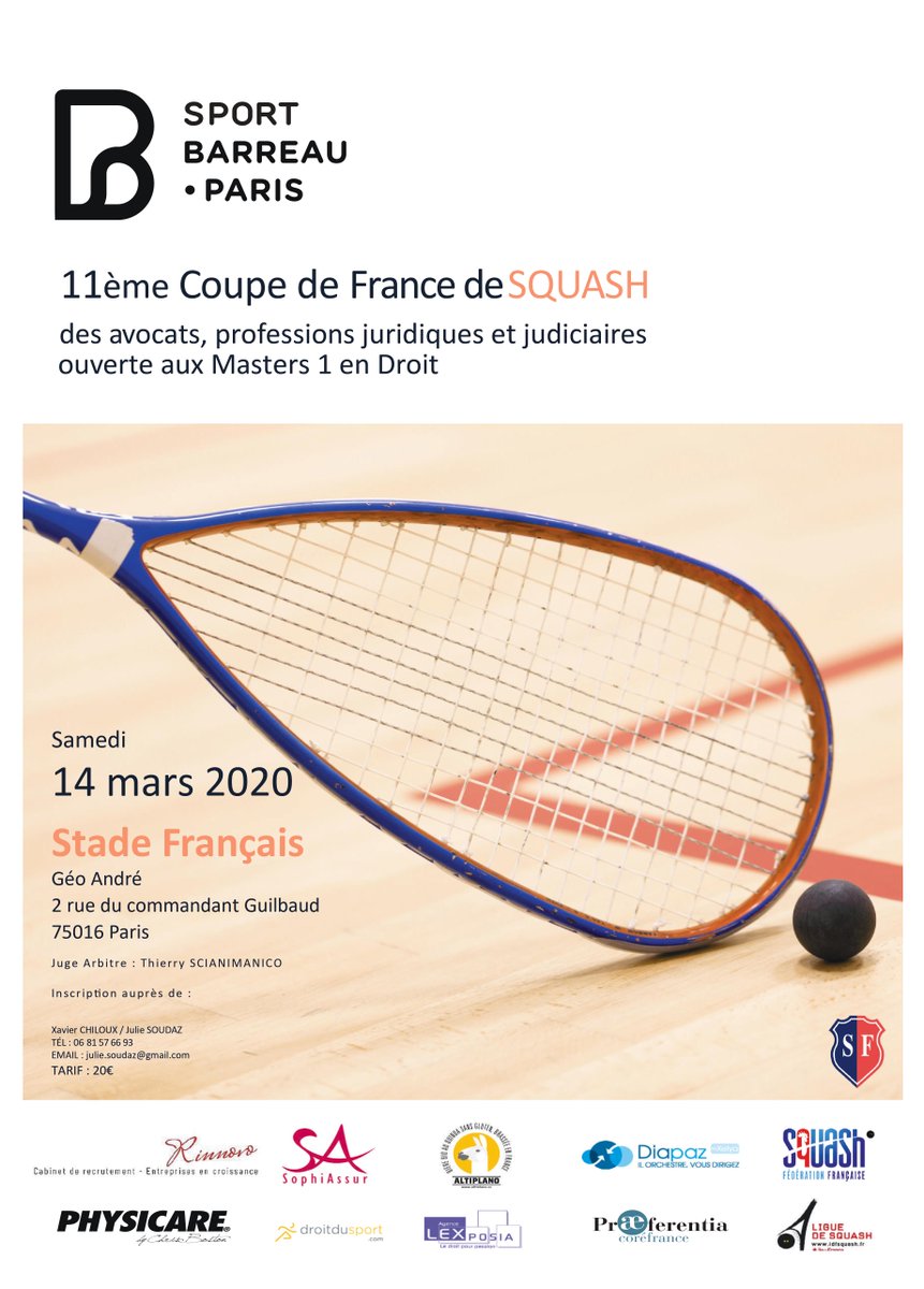 📣 Samedi 14 mars|"Squash au Palais"

Cette année encore, Julie Soudaz ( <a href="/GuilleminFlichy/">Guillemin Flichy</a> ) co-organise avec Xavier Chiloux, l'incontournable Tournoi annuel de #Squash au Stade français.
Ouvert à toutes les professions juridiques, Alexis Guillemin sera également de la partie ! 💪