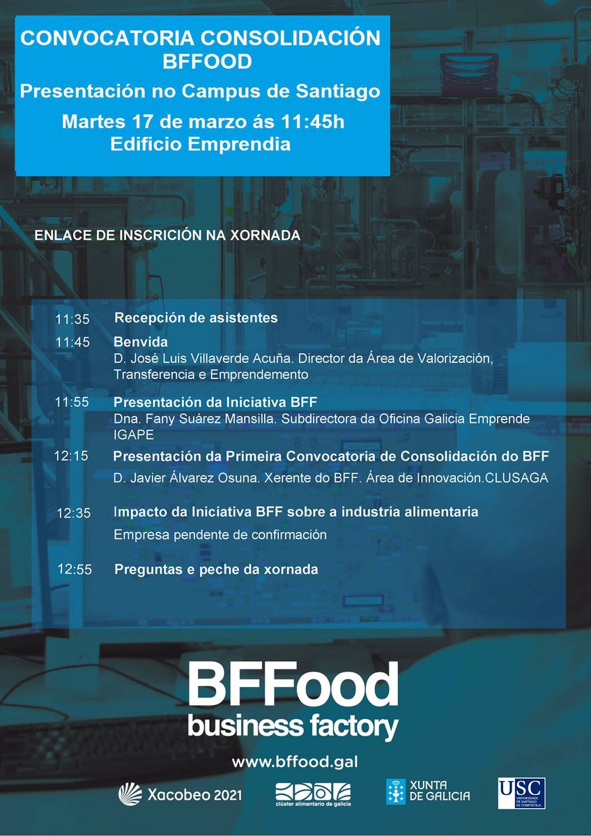 ExplorerSCQ's tweet image. 📢📢📢 Presentación da Primeira Convocatoria de Consolidación da @BFactoryFood este martes 17 de marzo ás 11:45 no Edificio Emprendia da @UniversidadeUSC . Inscripcións en docs.google.com/forms/d/1_OVOF…