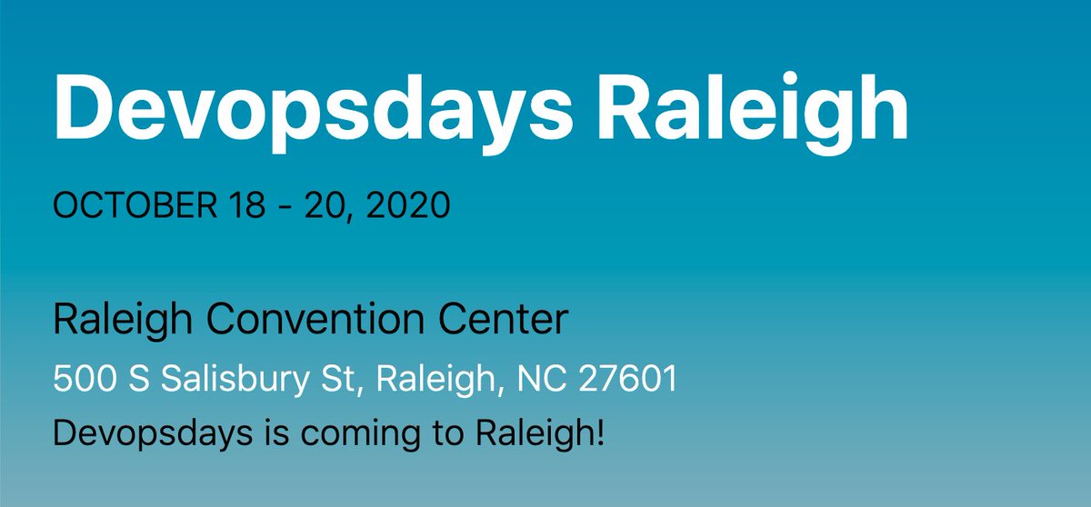 DevOpsDaysRDU's tweet photo. DevOpsDays Raleigh will be held in conjunction with @AllThingsOpen 
October 18-20, 2020 @ Raleigh Convention Center
#DevOpsDaysRDU is partnering with #AllThingsOpen to organize the DevOps tracks - two events in one! Stay tuned for more info. https://t.co/BCQmvaPUBD https://t.co/HUs23gpAHG