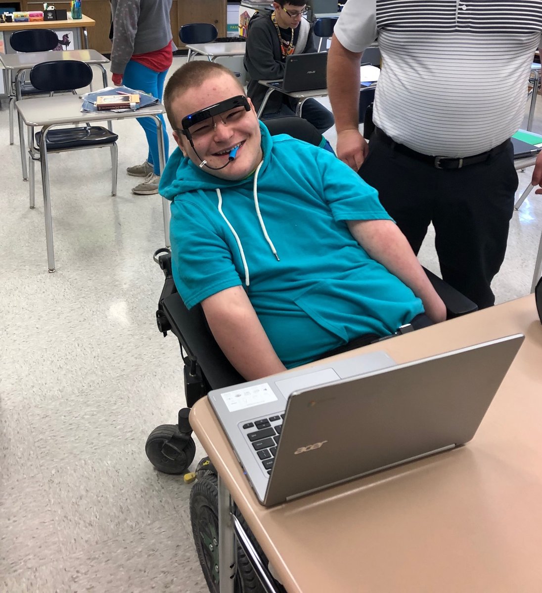 OneNorth's tweet image. Joe got his glasses! Not only did we raise enough to get him glasses that allow him to code with his eyes and not his fingers, the extra funds were spent on a new @Ozobot robot for the computer classroom at Hillsboro Junior High School. #glassesforjoe #youngcoder #techcommunity