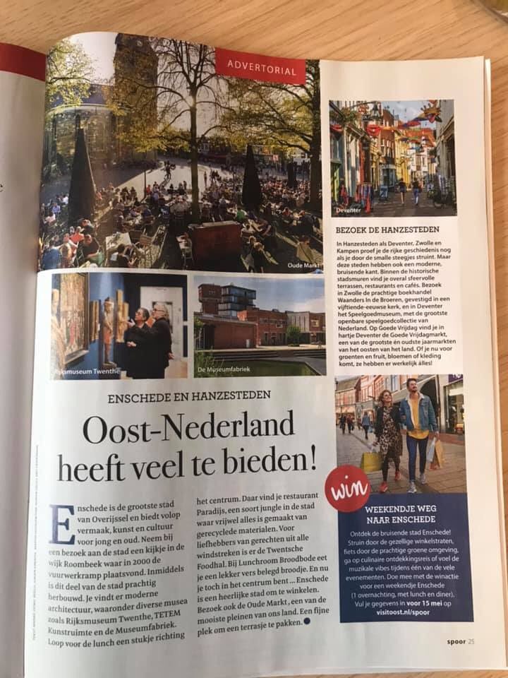 Afgelopen weekend stonden we met een hele pagina <a href="/visitoost/">VisitOost</a> in <a href="/spoormagazine/">Redactie SPOOR</a> NS. Tips voor tripje met de trein naar <a href="/ToerismeTwente/">Twente Marketing</a> of <a href="/Hanzesteden/">Hanzesteden</a> 😇 doe ook mee met de winactie weekendje <a href="/enschede/">Enschede</a> via visitoost.nl/spoor